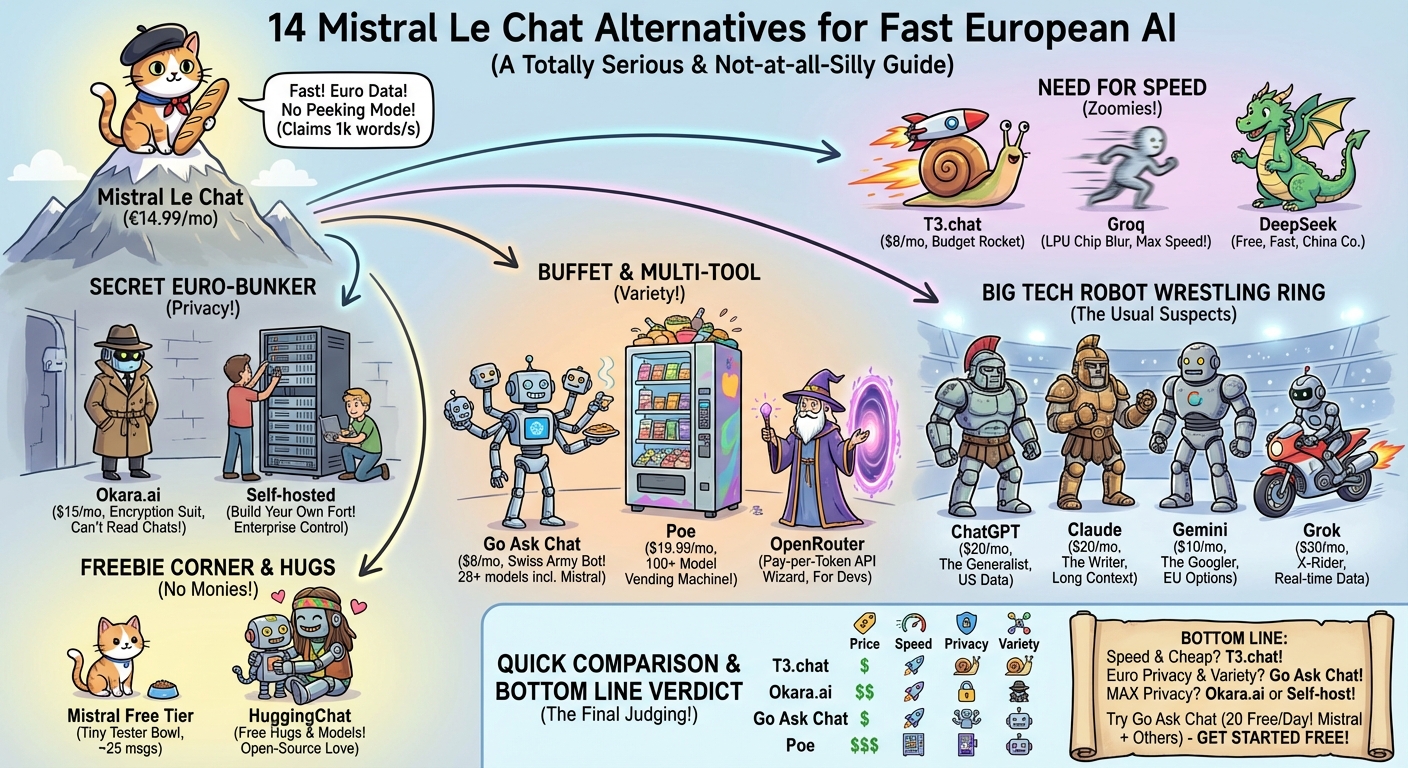 14 Mistral Le Chat Alternatives for Fast European AI infographic